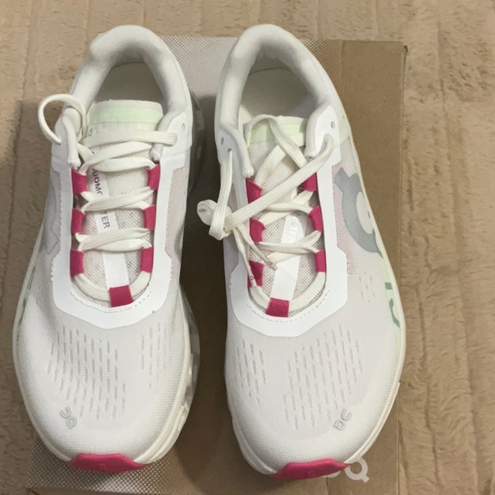 On Running Cloud Monster Women's Sneakers - White, Pink and Green.
